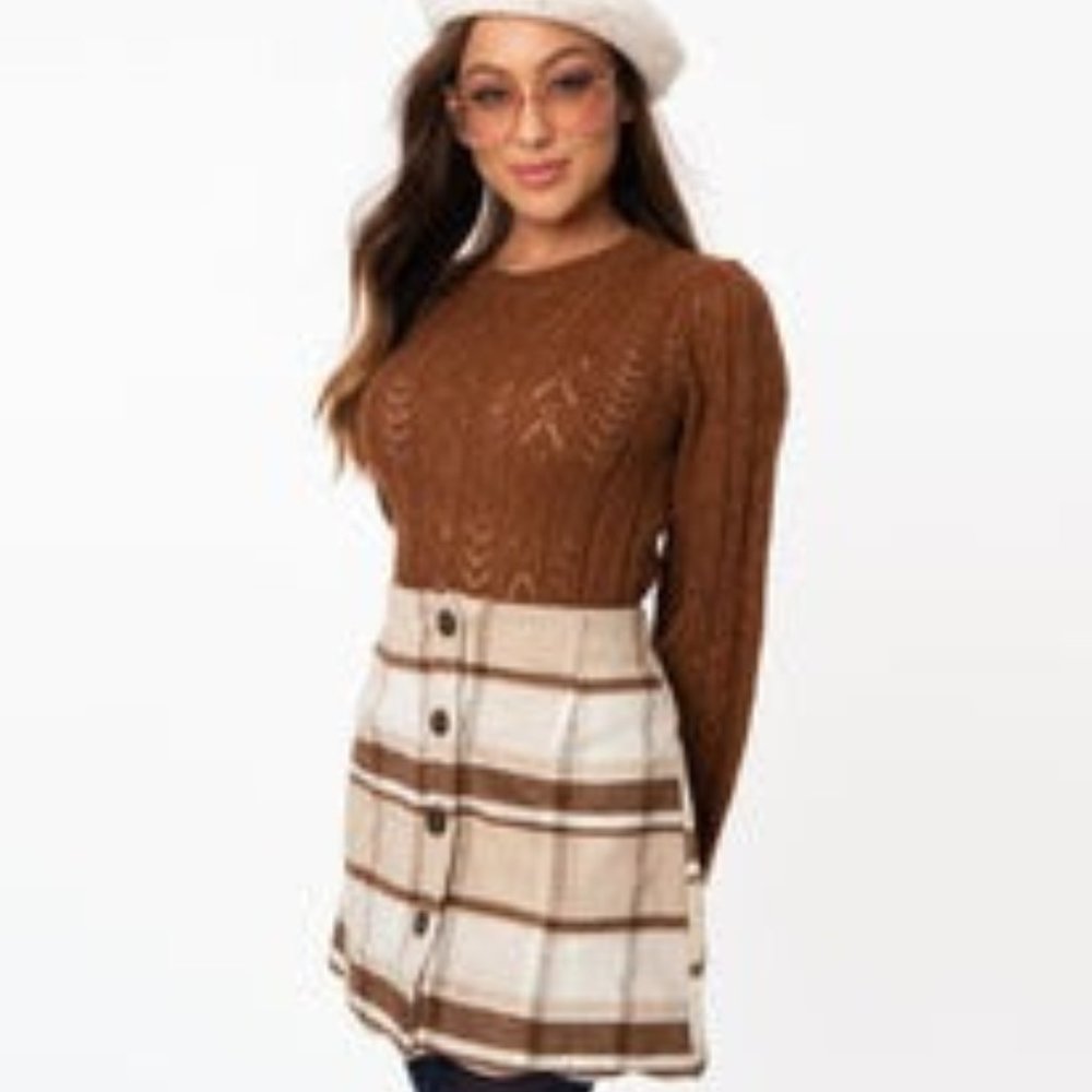 Khaki Plaid Button Up Sweater Mini Skirt - Medium
